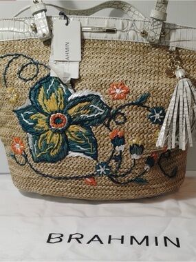 NWT Brahmin Natural Straw Tote with White Trim and Multicolor Floral Embroidery